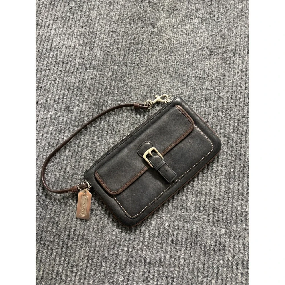 COACH Black Leather Buckle Front Wristlet Wallet with Brown Trim Silver Hardware